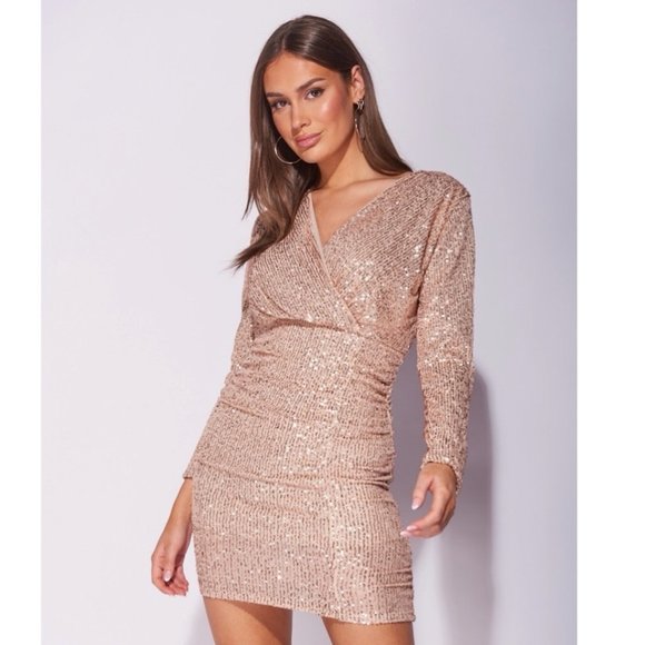 Gold Sequins Long Sleeve V-Neck Ruched Bodycon Mini Dress - Picture 1 of 11